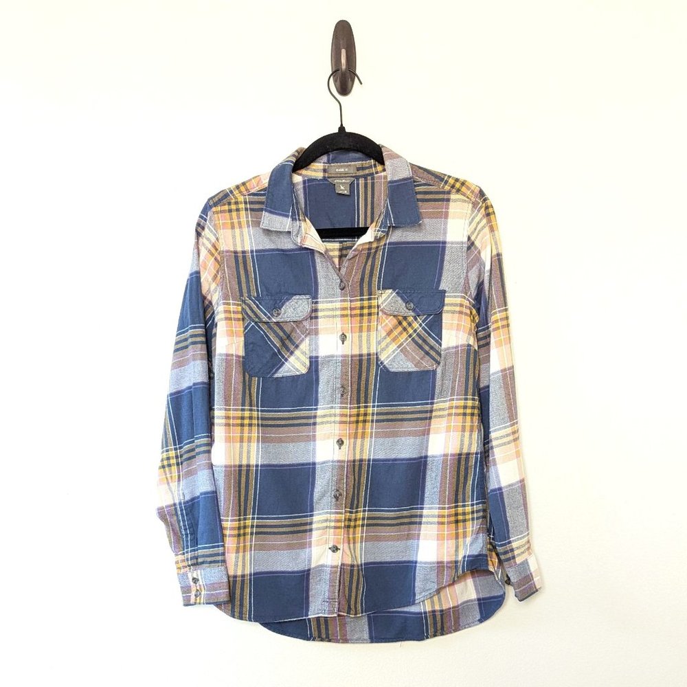 Eddie Bauer Women Classic Fit Button Down Flannel Plaid Shirt Blue Medium